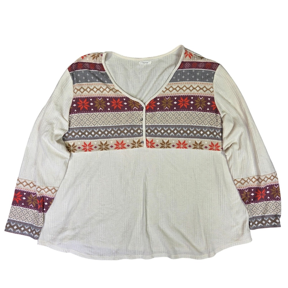 Maurices Womens Cream Waffle Knit Fair Isle Henley Long Sleeve Top Plus Size 2X